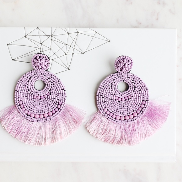 Lilac Beaded Tassel Earrings - Picture 4 of 4